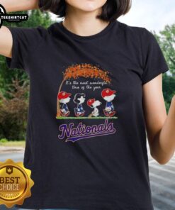 Alt Text: Premium Washington Nationals X Peanuts Snoopy and Friends Autumn Ladies Tee for a wonderful fall baseball season.