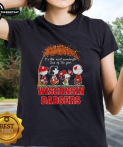 Premium Wisconsin Badgers X Peanuts Snoopy and Friends autumn ladies tee celebrating 'It's The Most Wonderful Time'.