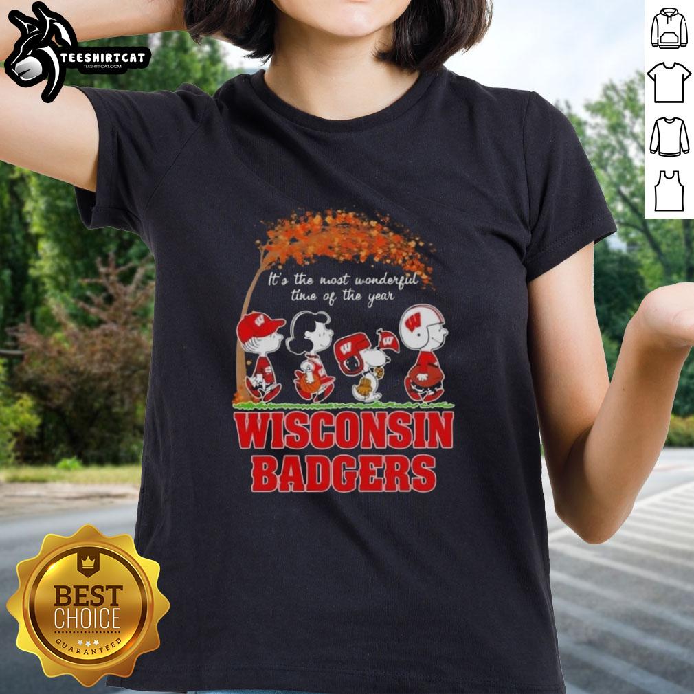 premium-wisconsin-badgers-x-peanuts-snoopy-and-friends-autumn-its-the-most-wonderful-time-ladies-tee Premium Wisconsin Badgers X Peanuts Snoopy and Friends autumn ladies tee celebrating 'It's The Most Wonderful Time'.