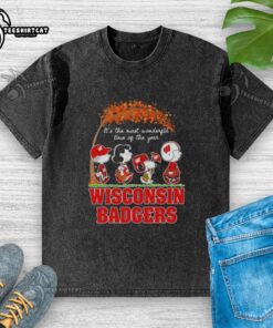 Premium Wisconsin Badgers X Peanuts Snoopy and Friends autumn washed t-shirt showcasing festive fall designs.