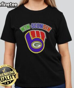 Premium Wisconsin City Sports tee featuring Milwaukee Brewers, Green Bay Packers, and Wisconsin Badgers for ladies.