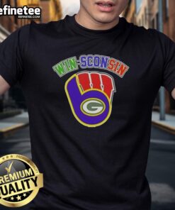 Premium Wisconsin City Sports T-Shirt featuring Milwaukee Brewers, Green Bay Packers, and Wisconsin Badgers logos.