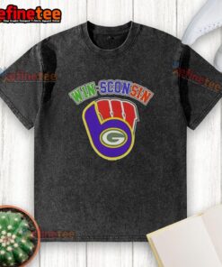 Premium Wisconsin City Sports t-shirt featuring Milwaukee Brewers, Green Bay Packers, and Wisconsin Badgers logos.