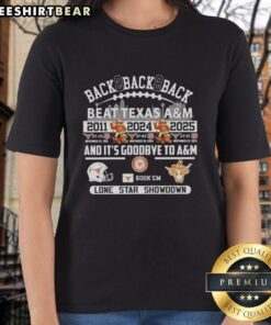 Alt Text: Ladies tee celebrating Texas Longhorns' victory over Texas A&M in the Lone Star Showdown with stylish back design.