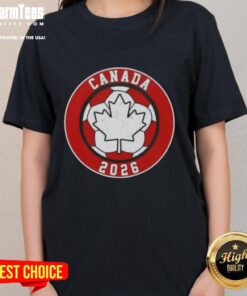 Pretty Canada 2026 vintage soccer emblem ladies tee featuring a stylish design perfect for fans and casual wear.