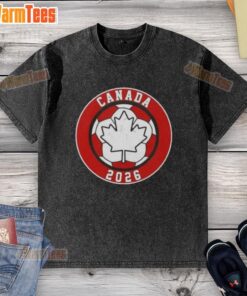 Alt Text: Vintage Canada 2026 soccer emblem washed t-shirt showcasing a stylish design for soccer fans and collectors.