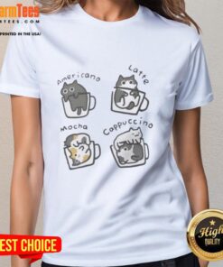Cute ladies tee featuring a pretty cat enjoying a cappuccino, perfect for cat lovers and coffee enthusiasts.