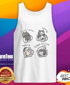 Cute cat with a cappuccino, wearing a tank top featuring a pretty cat design, perfect for cat lovers.
