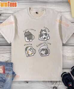 Cute washed t-shirt featuring a pretty cat and a cappuccino design, perfect for cat lovers and coffee enthusiasts.