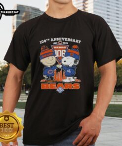 Pretty Charlie Brown and Snoopy 106th Anniversary T-Shirt featuring Chicago Bears football skyline design, 1920-2026.