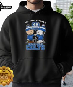 Pretty Charlie Brown and Snoopy 42nd Anniversary hoodie featuring Indianapolis Colts football skyline design.
