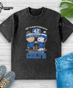 Pretty Charlie Brown and Snoopy 42nd Anniversary t-shirt featuring Indianapolis Colts football skyline design.