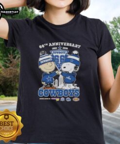 Alt Text: Pretty Charlie Brown and Snoopy 66th Anniversary 1960-2026 Dallas Cowboys Football Skyline Ladies Tee design.