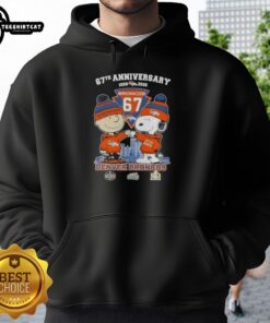 Pretty Charlie Brown and Snoopy hoodie celebrating 67th Anniversary with Denver Broncos football skyline design.