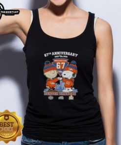 Pretty Charlie Brown and Snoopy 67th Anniversary tank top featuring Denver Broncos skyline, perfect for football fans.
