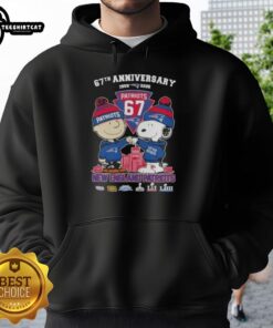 Pretty Charlie Brown and Snoopy 67th Anniversary hoodie featuring New England Patriots skyline design, perfect for fans.