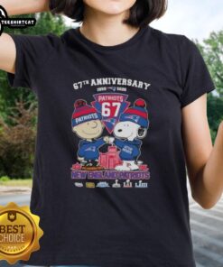 Pretty Charlie Brown and Snoopy 67th Anniversary Tee for New England Patriots featuring a skyline design.
