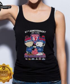 Alt Text: Pretty Charlie Brown and Snoopy 67th Anniversary tank top featuring New England Patriots football skyline design.