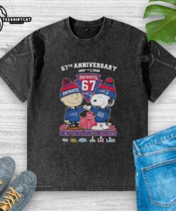 Alt Text: Pretty Charlie Brown and Snoopy 67th Anniversary t-shirt featuring New England Patriots football skyline design.