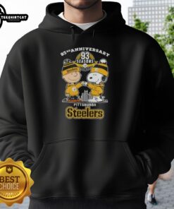 Alt Text: Pretty Charlie Brown and Snoopy hoodie celebrating 93rd anniversary with Pittsburgh Steelers football skyline design.