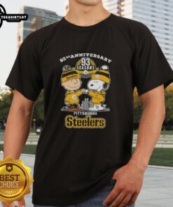 Pretty Charlie Brown and Snoopy 93rd Anniversary T-Shirt featuring Pittsburgh Steelers skyline, celebrating 1933-2026.