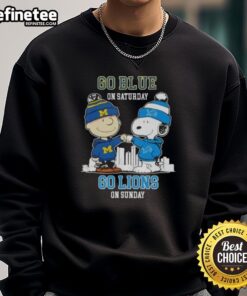 Alt Text: Pretty Charlie Brown fist bump with Snoopy in Go Blue sweatshirt, celebrating Detroit Lions on Sunday skyline.