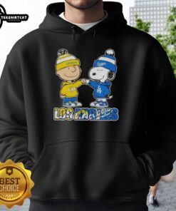 Pretty Charlie Brown fist bump with Snoopy, showcasing Los Angeles Sports Rams x Dodgers hoodie design.