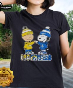 Pretty Charlie Brown fist bump with Snoopy on a Los Angeles Rams x Dodgers ladies tee design.