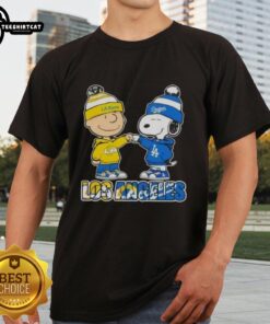 Alt Text: Pretty Charlie Brown fist bump with Snoopy on Los Angeles Rams X Dodgers T-Shirt, perfect for sports fans.