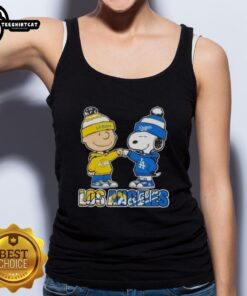 Pretty Charlie Brown fist bump with Snoopy on a Los Angeles sports tank top featuring Rams and Dodgers logos.