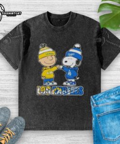 Pretty Charlie Brown fist bump with Snoopy, celebrating Los Angeles sports, featuring Rams and Dodgers washed t-shirt design.