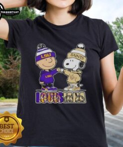 Pretty Charlie Brown fist bump with Snoopy, celebrating LSU Tigers and New Orleans Saints on a ladies tee in Louisiana.