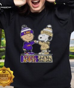 Pretty Charlie Brown fist bump with Snoopy on LSU Tigers x New Orleans Saints sweatshirt in Louisiana city sports style.