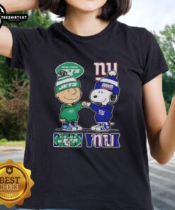 Pretty Charlie Brown fist bump with Snoopy in New York City sports Jets and Giants ladies tee design.