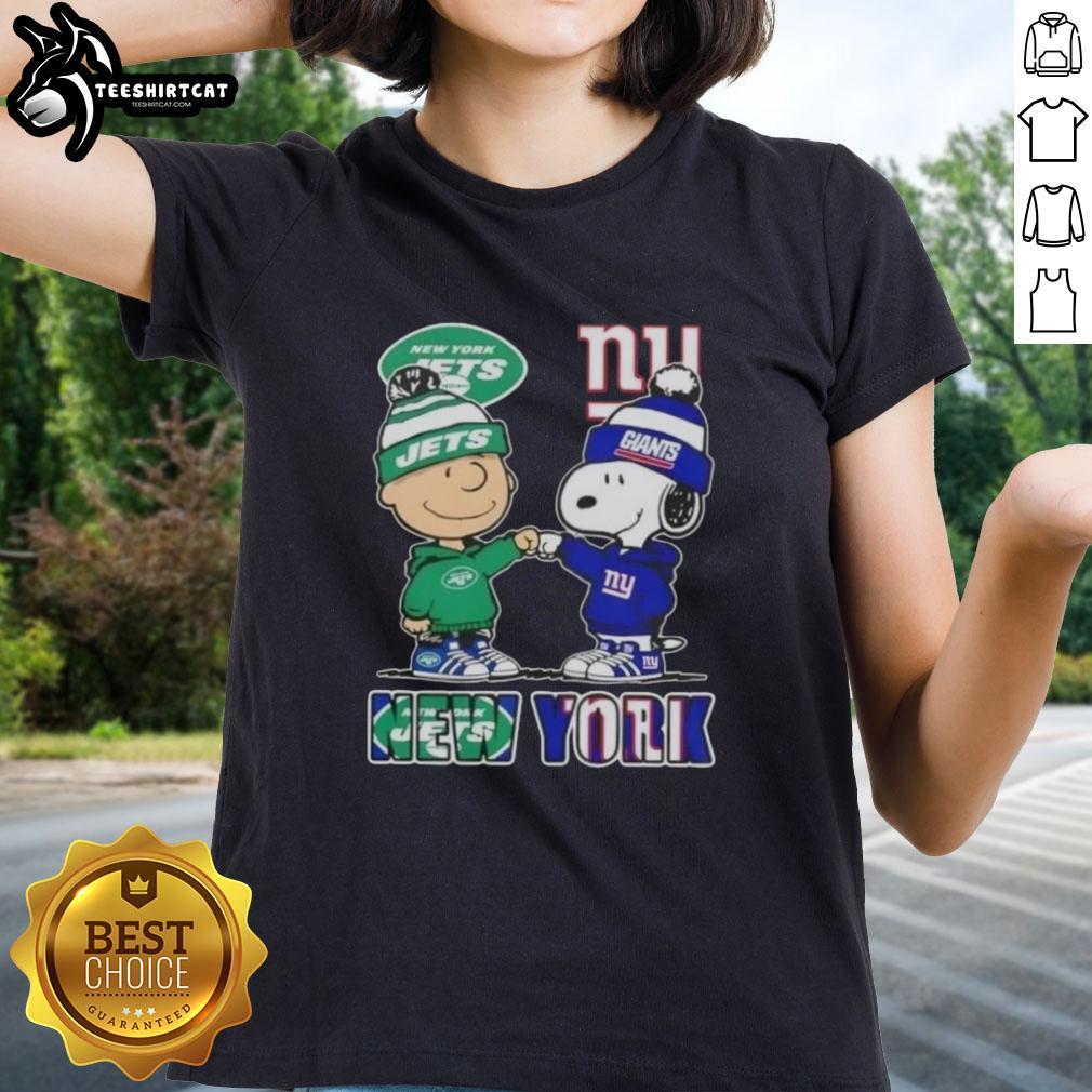 pretty-charlie-brown-fist-bump-snoopy-new-york-city-sports-jets-x-giants-ladies-tee Pretty Charlie Brown fist bump with Snoopy in New York City sports Jets and Giants ladies tee design.