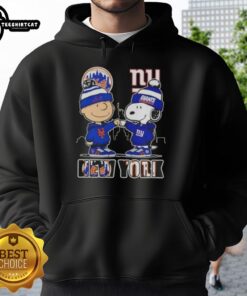 Pretty Charlie Brown fist bump with Snoopy, NYC skyline, featuring Mets and Giants hoodie design.
