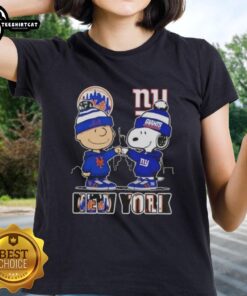 Pretty Charlie Brown fist bump with Snoopy against NYC skyline, featuring Mets and Giants for ladies' tee design.