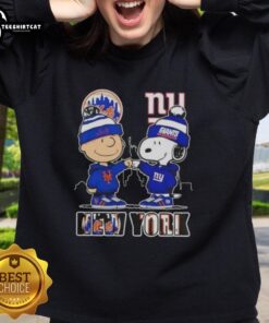 Pretty Charlie Brown fist bump with Snoopy, NYC skyline, Mets, Giants sweatshirt design for sports fans.