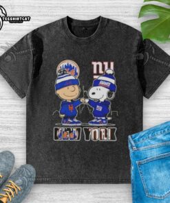 Pretty Charlie Brown fist bump with Snoopy, New York City skyline, Mets and Giants, on a washed t-shirt design.