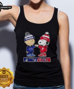 Pretty Charlie Brown fist bump with Snoopy, wearing Nittany Lions and Philadelphia Phillies tank top in Pennsylvania.