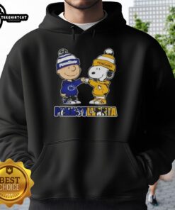 Pretty Charlie Brown fist bump with Snoopy on a Pennsylvania hoodie featuring Nittany Lions and Pittsburgh Penguins logos.