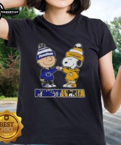 Pretty Charlie Brown fist bump with Snoopy in Pennsylvania, featuring Nittany Lions x Pittsburgh Penguins ladies tee design.