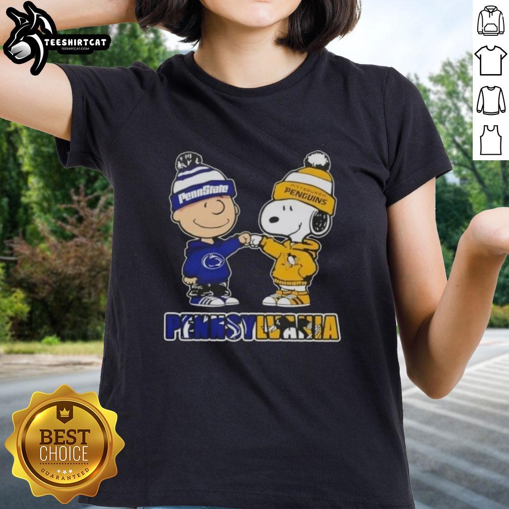 pretty-charlie-brown-fist-bump-snoopy-pennsylvania-city-nittany-lions-x-pittsburgh-penguins-ladies-tee Pretty Charlie Brown fist bump with Snoopy in Pennsylvania, featuring Nittany Lions x Pittsburgh Penguins ladies tee design.