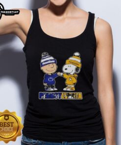 Alt Text: Pretty Charlie Brown fist bump with Snoopy on a tank top featuring Nittany Lions and Pittsburgh Penguins design.