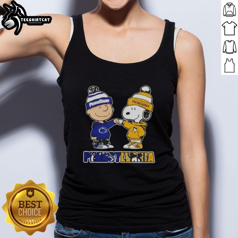 pretty-charlie-brown-fist-bump-snoopy-pennsylvania-city-nittany-lions-x-pittsburgh-penguins-tank-top Alt Text: Pretty Charlie Brown fist bump with Snoopy on a tank top featuring Nittany Lions and Pittsburgh Penguins design.