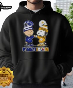 Pretty Charlie Brown fist bump with Snoopy in Pennsylvania, featuring Nittany Lions x Pittsburgh Steelers skyline hoodie.