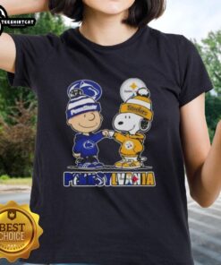 Pretty Charlie Brown fist bump with Snoopy over Pennsylvania skyline, featuring Nittany Lions and Steelers theme ladies tee.