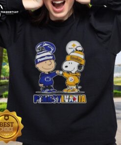 Pretty Charlie Brown fist bump with Snoopy in Pennsylvania city skyline sweatshirt for Nittany Lions and Steelers fans.