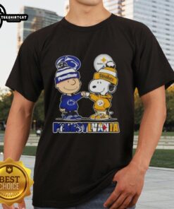 Pretty Charlie Brown fist bump with Snoopy, featuring Pennsylvania city skyline, Nittany Lions & Steelers logo T-shirt design.