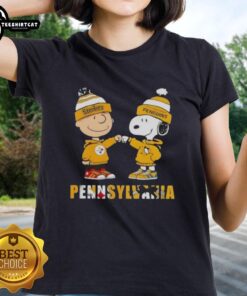 Pretty Charlie Brown fist bump with Snoopy celebrating Pittsburgh Steelers and Penguins on a ladies tee in Pennsylvania.